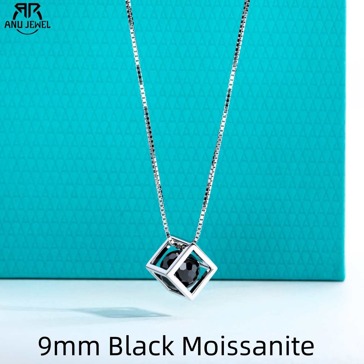 Moissanite Pendant Necklace Solitaire - AnuJewel 8mm 4ct Küresel Kesim Siyah