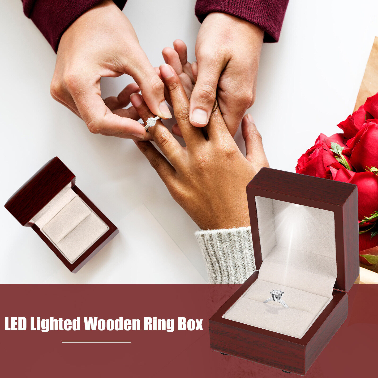 Kırmızı LED Işıklı Ahşap Yüzük - Velvet Ring Box Led Light Proposal incelemesi ve fiyatı