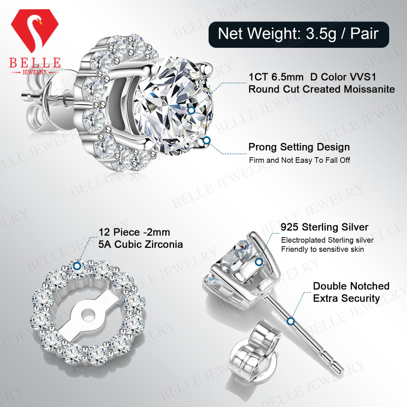 S925 Gümüş Klasik Parlak Kesim - Moissanite Stud Earrings Round Cut 1Ct incelemesi ve fiyatı